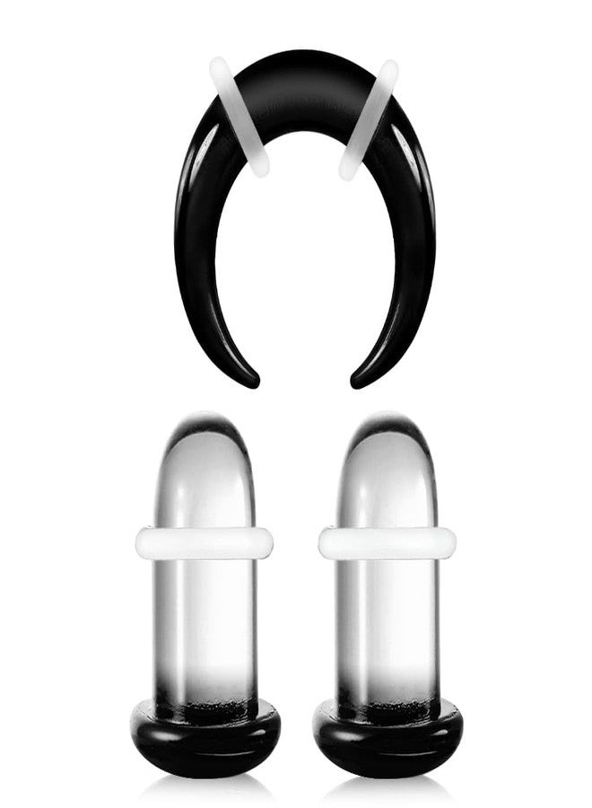 Earblity Single Flare Glass Stretching kits 1PC C-shape septum rings+1Pair Glass Gauges Taper Expander with Rubber O-Rings,1.6-8mm(14G-0G) Full Size Ear Tunnels Plugs,Cylindrical Body Piercing - Image 1